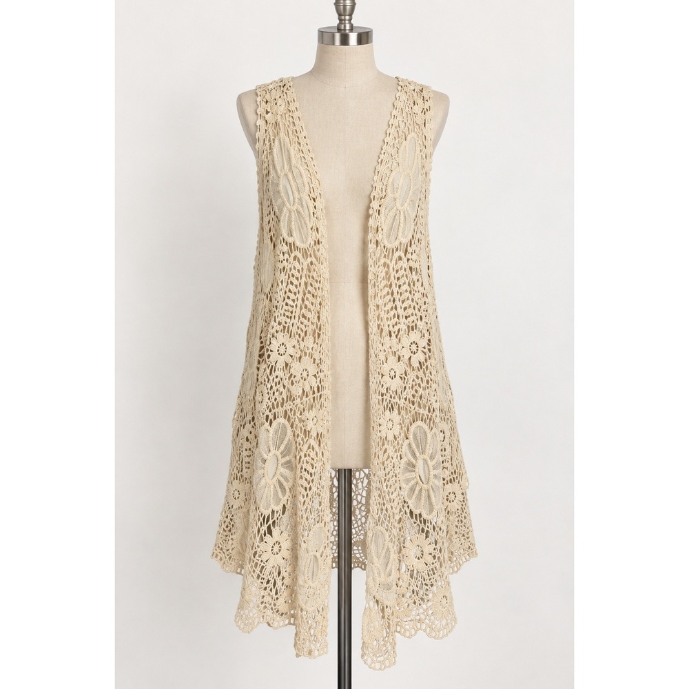 rue21 Crochet Vest M Cream Floral Lace Open Sleeveless Festival Hippie Boho Y2K